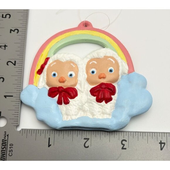 Vintage Baby Lambs Christmas Ornament Sitting Clouds Under Rainbow Hand Painted - Picture 4 of 6